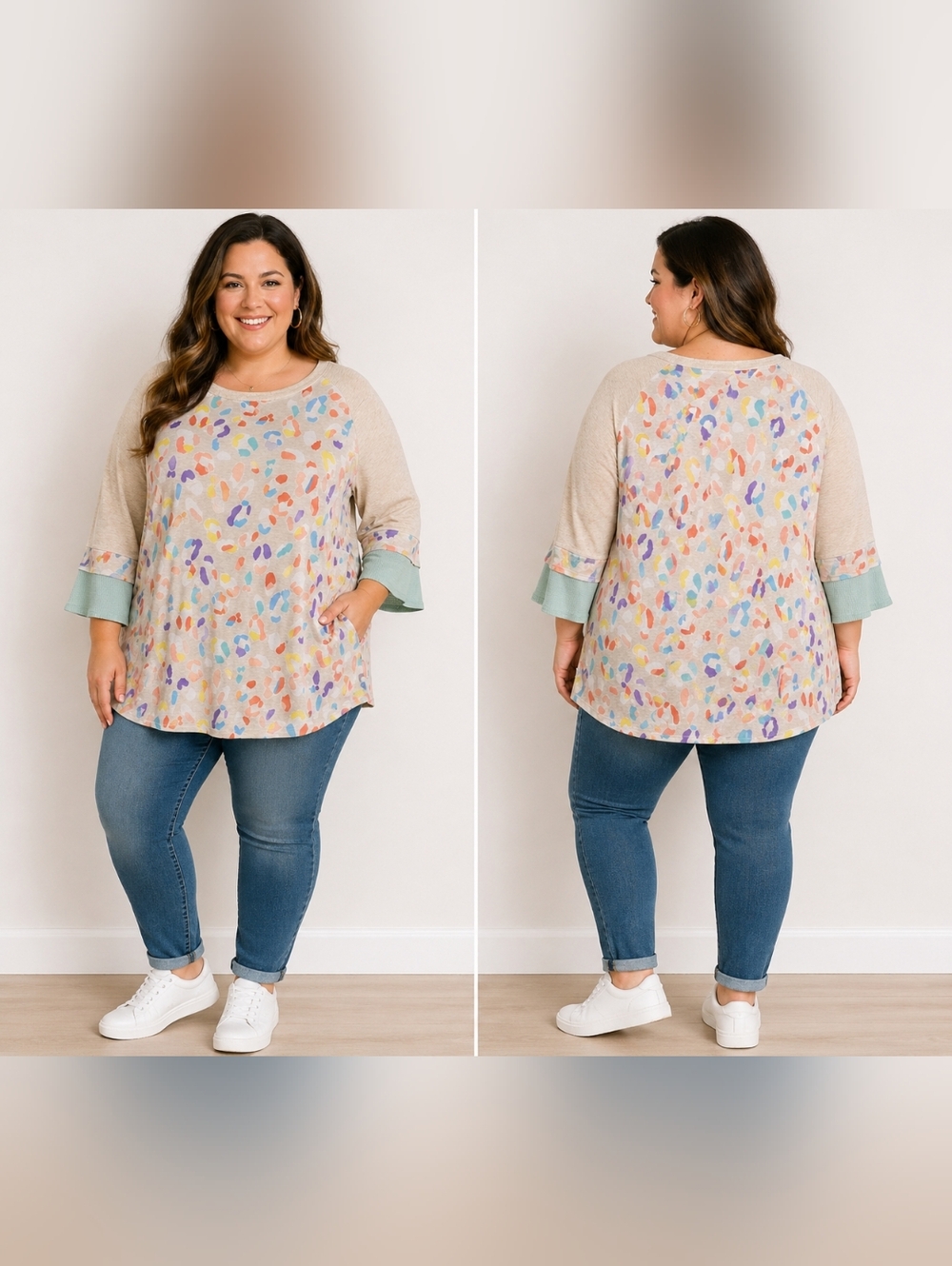Hailey & Co 3X Pastel Leopard Colorblock Top Waffle Knit Sleeve Boho Plus Size